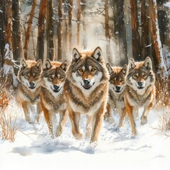 Fototapeta premium A pack of wolves running through a snowy forest, showcasing their strength and unity in nature