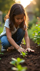 A hispanic teenager carefully plants seeds in a small, evenly spaced row in a backyard garden, illuminated by soft evening light