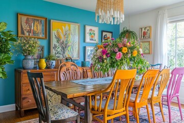 Obraz premium Vibrant Dining Room with Colorful Chairs and Floral Centerpiece