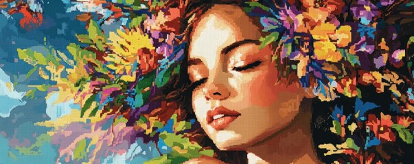 Young hispanic female with floral hair in a colorful portrait