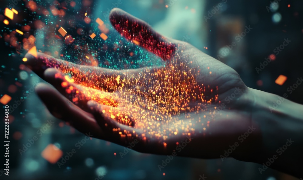 Poster hand disintegrating into pixel particles