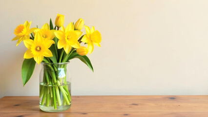 Fresh yellow flowers in a glass jar on a wooden surface, creating a warm and inviting atmosphere, great for home decor ideas, floral branding, and nature-inspired artworks. Selective focus