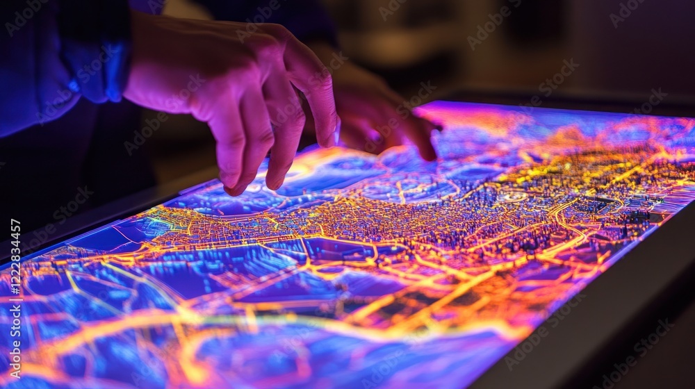Poster hands interacting with a vibrant cityscape map display