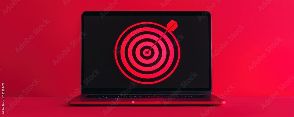 Poster a laptop displays a red target symbol on a dark screen, symbolizing focus and goal-setting in a stri