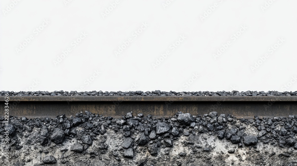 Poster close-up view of a railway track surrounded by gravel against a minimalistic background