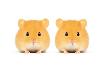 Two adorable golden hamsters sitting side by side on a clean white background, showcasing their round faces and fur