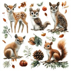 A charming illustration of woodland animals including a fawn, squirrel, and owl surrounded by autumn foliage