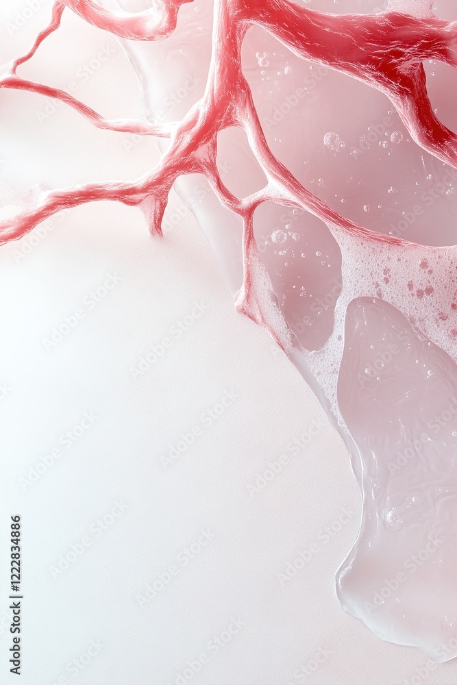Poster glowing veins branch out in vibrant red and blue hues against a soft white background, creating a ca