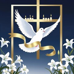 Easter dove with cross and lilies illustration