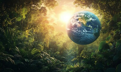 Large, round, blue and green planet is floating in the middle of a lush jungle. The sun is shining brightly, casting a warm glow on the scene