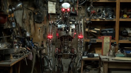A metallic robot stands in a cluttered workshop