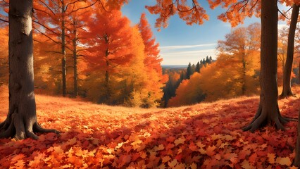 Stunning autumn landscape: vibrant orange and red leaves blanket the forest floor, framed by majestic trees in peak fall foliage under a clear blue sky.