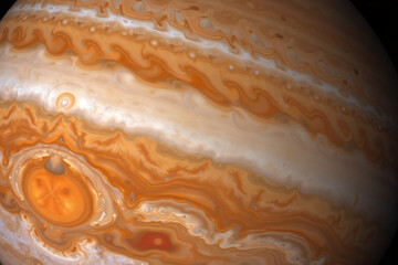 Jupiter's Great Red Spot and swirling storm clouds