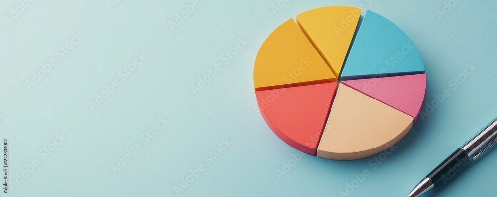 Poster a colorful pie chart with distinct segments sits on a light blue background near a silver pen, symbo