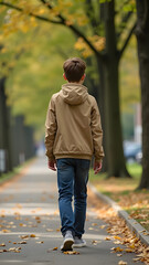 Fototapeta premium A teenager walking on a tree-lined sidewalk, wearing a lightweight jacket made from organic hemp, surrounded by autumn leaves under soft natural light