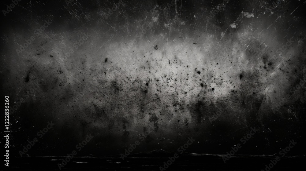 Poster dark and messy abstract overlay with distressed texture and dusty elements for creative and artistic