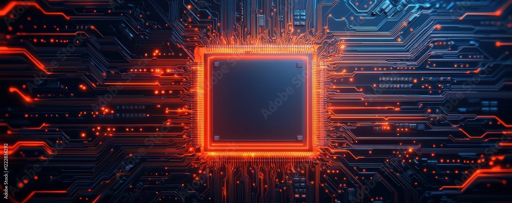 Poster a glowing microchip surrounded by intricate circuits, showcasing advanced technology and digital inn