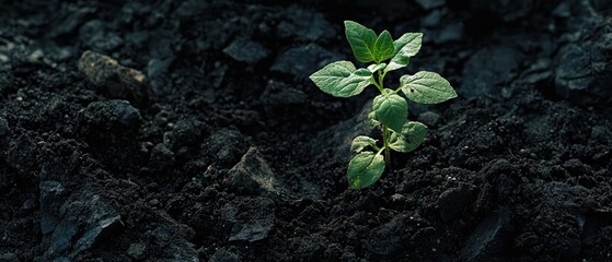 A young green plant sprouts from dark soil, symbolizing growth and renewal.