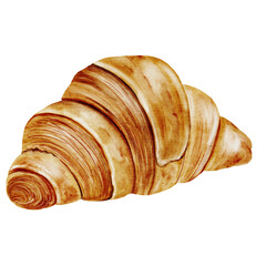 Croissant watercolor. Hand drawn illustration fresh french bun. Food clip art. Ideal for bakery prints, postcards and pastry shop posters.