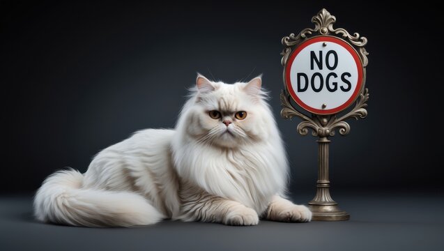 A fluffy white cat lounges beside a vintage sign that humorously states "No Dogs," embodying feline elegance and personality.