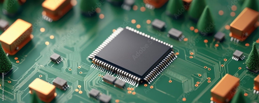 Poster a close-up view of a microchip on a green circuit board, surrounded by gold-colored components and c