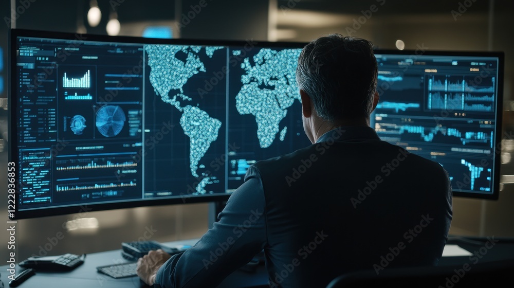 Aufkleber man reviews global data on large monitors