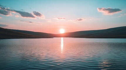 Fototapeta premium Serene Sunset Over Calm Lake And Rolling Hills