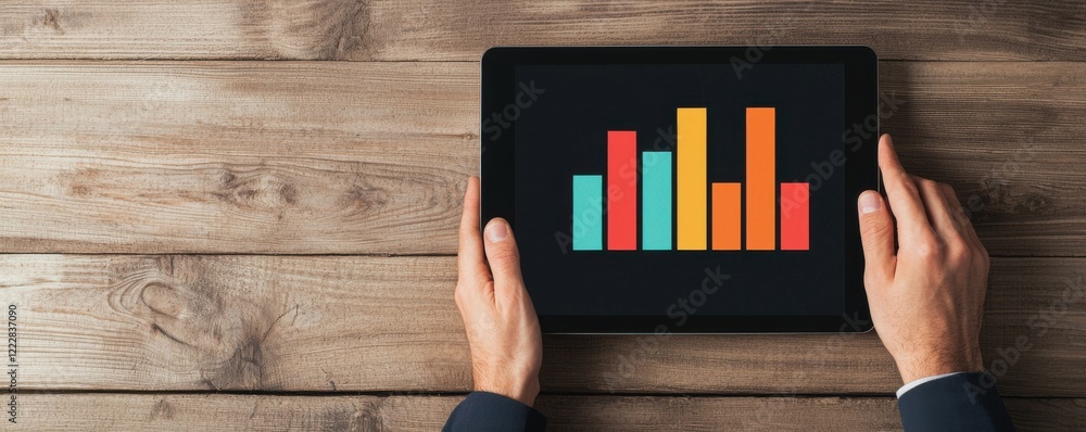 Poster a person is analyzing colorful bar graphs displayed on a tablet, resting on a wooden surface, sugges
