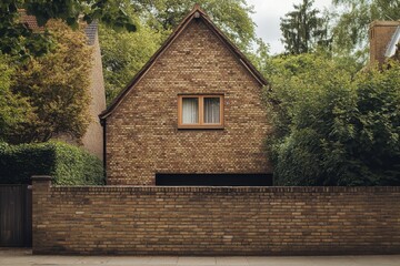 A contemporary brick home is nestled among vibrant, lush greenery in a tranquil suburban neighborhood, set against a backdrop of a cloudy sky