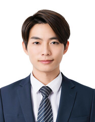 ダークスーツを着た若い男性の証明写真。白背景