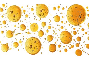 Fototapeta premium A pattern of golden bubbles resembling oil or liquid droplets on a white background.