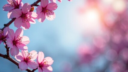 Obraz premium close-up of vibrant pink cherry blossoms on delicate branches with soft sunlight and blurred pastel background, showcasing the beauty of springtime, concept of floral decoration, nature, and gardening