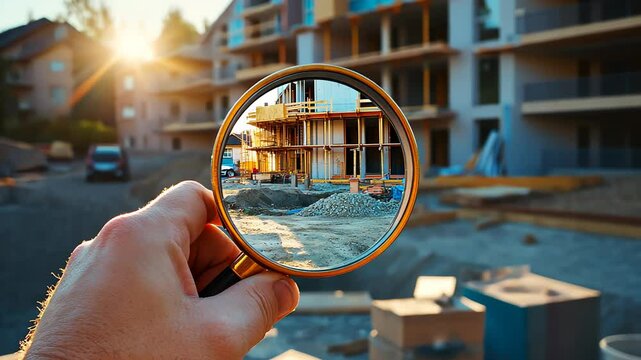 engineer use magnifying glass inspecting construction new house.inspecting construction and quality assurance new house. Engineers or architects or contactor work to build the house.
