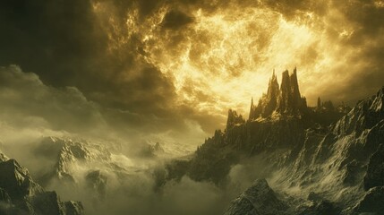 Golden Sunset Over A Mountainous Fantasy Castle