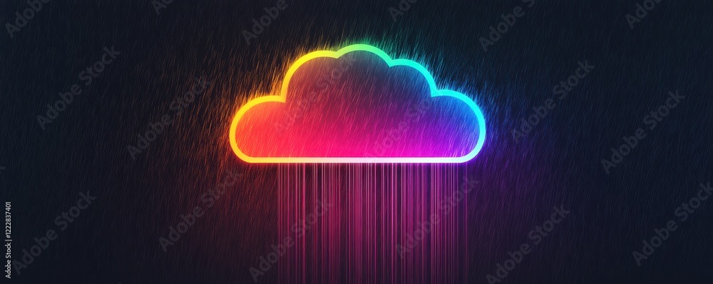 Poster a vibrant, colorful cloud icon with a gradient design and digital rain, symbolizing cloud computing 