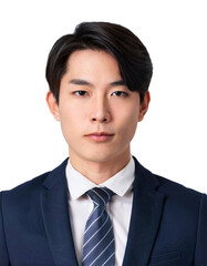 ダークスーツを着た若い男性の証明写真。白背景