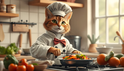 Realistic anthropomorphic cat in chef's coat and hat cooking on the stove, surrounded by fresh ingredients in a cozy kitchen