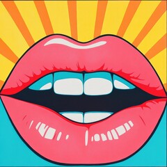 Bright Pop Art Illustration of Lips with Bold Colors and Abstract Background. A modern pop art styled graphic featuring vibrant pink lips and a colorful abstract backdrop.