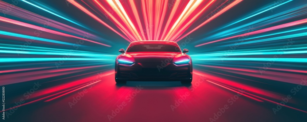 Poster a sleek car illuminated by vibrant red and blue light streaks, creating a dynamic sense of speed and