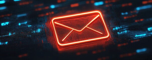 A glowing red email icon amidst a digital backdrop of blue and black elements, symbolizing communication and technology.