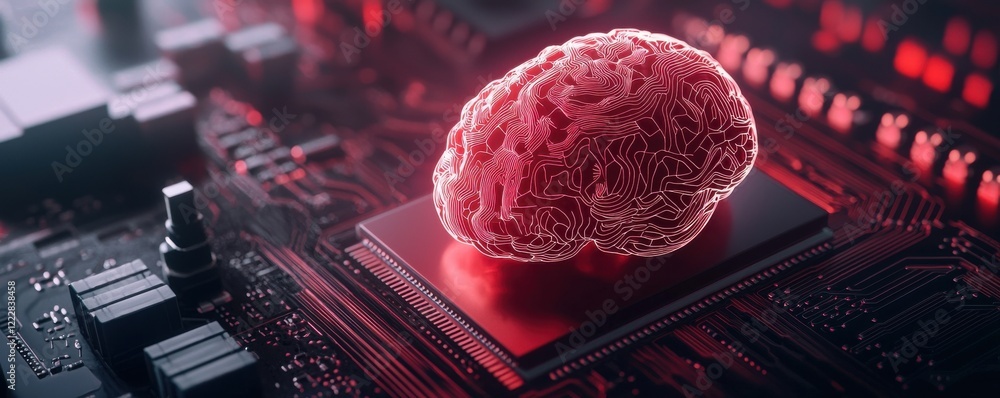 Poster a digital brain sits on a circuit board, glowing red, symbolizing artificial intelligence and techno