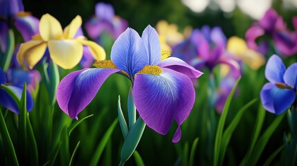 Purple and Yellow Irises in Bloom