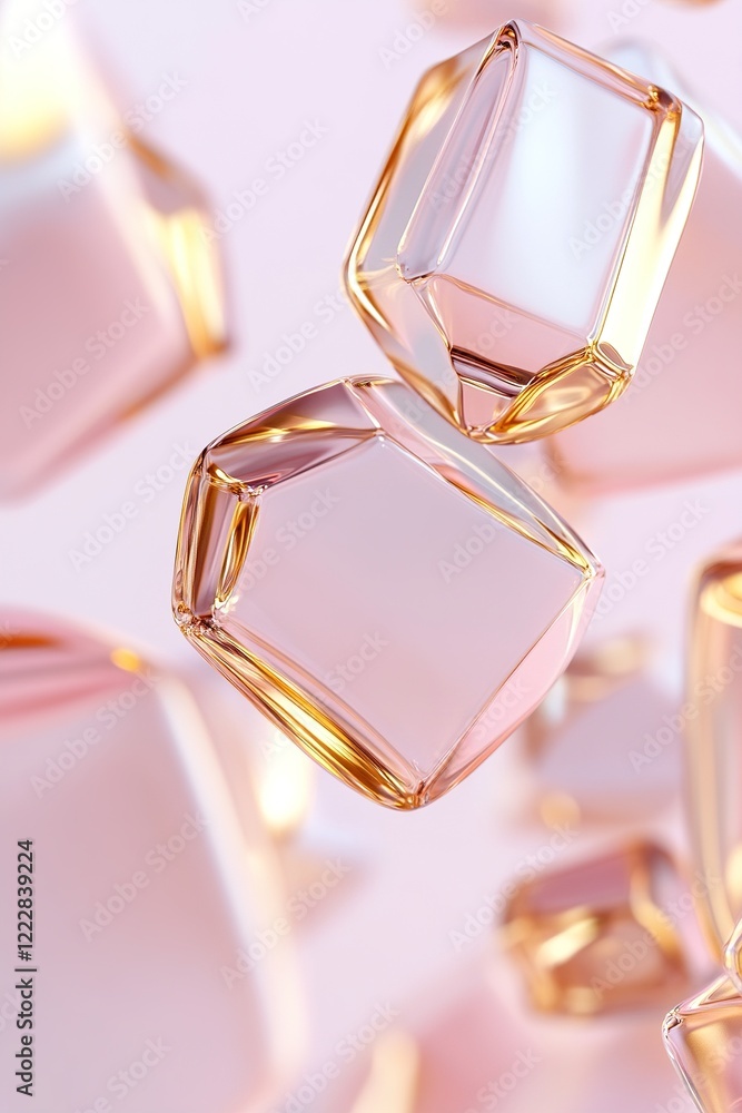 Poster an abstract composition features faceted metallic gold and matte pink shapes arranged in a dynamic l