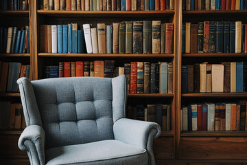 Cozy reading nook with a vintage armchair in front of a filled bookshelf, inviting relaxation and study