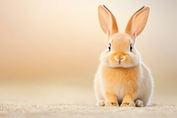 Obraz premium Adorable fluffy rabbit sitting on soft ground with a warm, blurred background, evoking a serene atmosphere