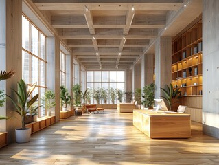 Modern office collaboration scene, minimalist wooden furniture, ample natural light from large windows, symmetrical composition, 3D rendering, cool color palette, panoramic view, natural lighting, foc