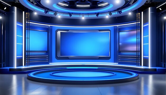 Modern Blue Television Studio News Set Design Broadcast Background - Powered by Adobe