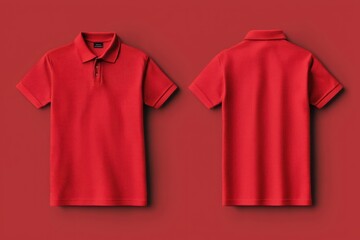 A red polo shirt displayed from front and back against a solid red background.