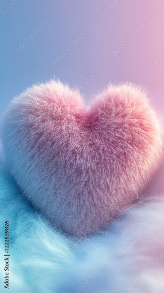 Poster a charming heart-shaped phone, covered in soft pastel fur, sits against a dreamy backdrop of fluffy 