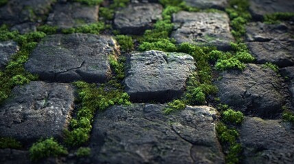 A close-up view of a cobblestone path, with moss growing on the stones.